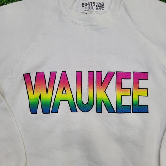 Vintage Waukee Raglan Sweatshirt Womens M 18x22 Neon Rainbow - Picture 10 of 14